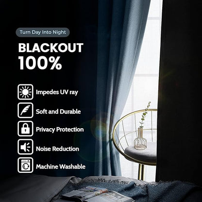 SimpleHome 100% Blackout Curtains for Bedroom,Thermal Insulated Grommet Window Drapes Room Darkening Stone Blue Curtains for Living Room with Black Back,52 x 96 Inch,2 Panels