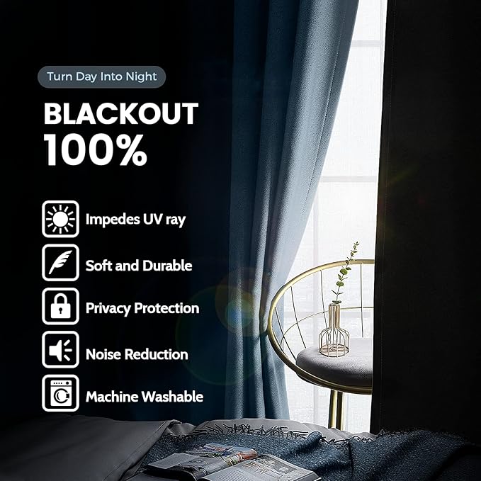 SimpleHome 100% Blackout Curtains for Bedroom,Thermal Insulated Grommet Window Drapes Room Darkening Stone Blue Curtains for Living Room with Black Back,52 x 63 Inch,2 Panels