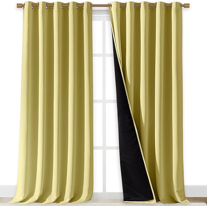 NICETOWN 100% Blackout Blinds, Laundry Room Decor Window Treatment Curtains for Large Patio Sliding Door, Thermal Insulated Paler Yellow Curtains for Bedroom, Set of 2, 70 inches x 108 inches