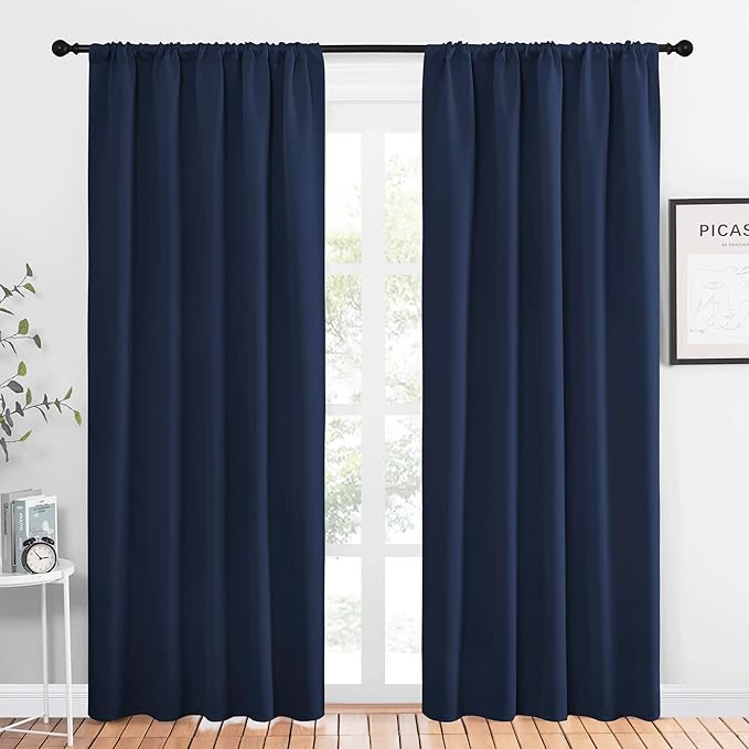 NICETOWN Navy Curtains Blackout Draperies - Modern Design Thermal Insulated Rod Pocket Blackout Drapes for Kid's Bedroom, Window Covering (1 Pair, 52 x 84 inches)