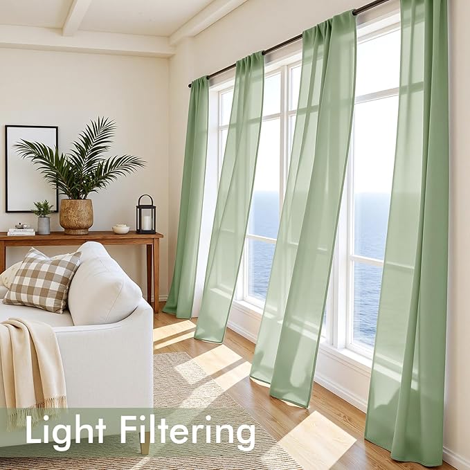 MIULEE Sage Green Sheer Curtains 63 Inches Long, 4 Panels Set, Light Filtering Rod Pocket Voile Drapes Window Treatments, Semi Transparent Airy Fabric for Bedroom and Living Room, 42 x 63 Inches