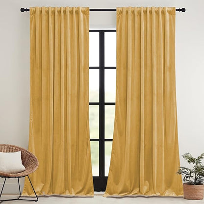 RYB HOME Mustard Yellow Velvet Curtains 96 inches, Back Tab Soft Fabric Room Darkening Thermal Insulated Luxurious Home Decor Curtains for Living Room Bedroom, W 52" x L 96", 2 Panels Set
