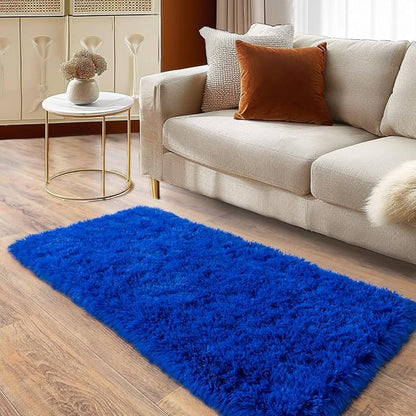 Soft Runner Rugs for Bedroom Hallways, 2x4 Royal Blue Fluffy Shag Throw Area Rug Non Slip for Bedside Dorm, Long Shaggy Furry Carpet for Nursery Living Room