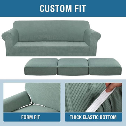 H.VERSAILTEX 4 Piece Stretch Sofa Covers for 3 Cushion Couch Covers for Living Room Furniture Slipcovers (Base Cover Plus 3 Seat Cushion Covers) Thicker Jacquard Fabric (Large Sofa, Sage)