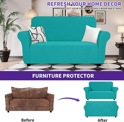 ZNSAYOTX Super Stretch Loveseat Covers (57"-70"), New Striped Love Seat Slipcover, Dogs Pet Friendly Anti-Slip Couch Protector Spandex Durable 2 Seater Fabric Sofa Cover (Peacock Teal, Loveseat)