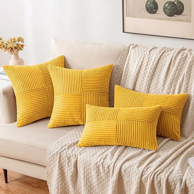 MIULEE Mustard Yellow Decorative Throw Pillow Covers 18x18 Inch for Couch Bed Sofa Pack of 2 Boho Farmhouse Throw Pillows Soft Cross Corduroy Patchwork Textured Cushion Cases