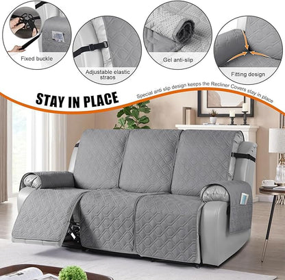 VANSOFY Waterproof Recliner Couch Covers, Sofa Covers 1-Piece Washable Reclining Sofa Cover Non-Slip Furniture Protector with Elastic Straps Pocket for Dogs, Pets(Light Gray,3 Seater)