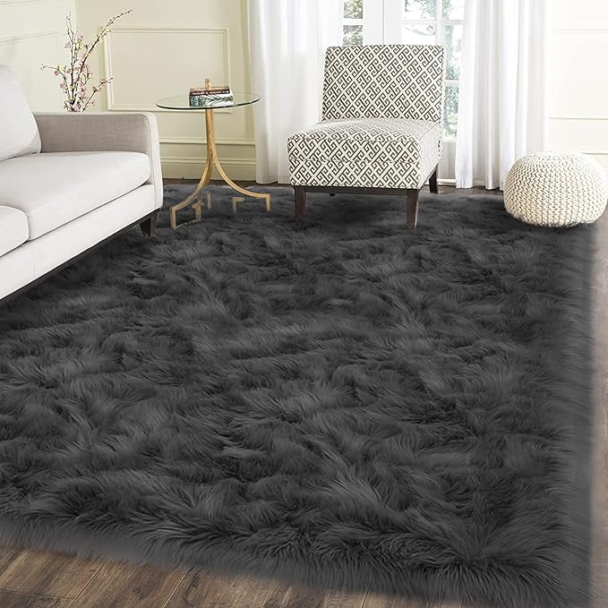 Latepis Living Room Rugs 6x9 Faux Sheepskin Fur Dark Grey Rug for Bedroom Fuzzy Fluffy Rug for Sofa Floor Entertainment Room Luxury Home Decor