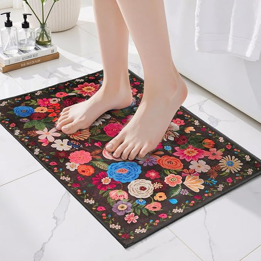 Black/Brown 24x17 Inch Home Decor Entry Rug, Small Door Mat Bath Mats for Bathroom, Ultra-Thin Non Slip Floral Low Pile Tub Mat for Sink Shower Doorway Tub Kitchen Sink(2 x 1.4 ft, Black/Brown)