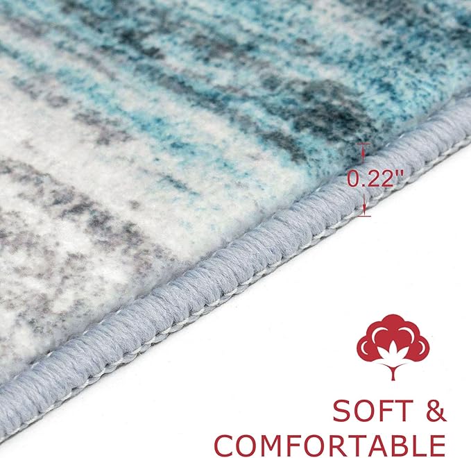 KOZYFLY Modern Abstract Hallway Runner, 2x12 Washable Rug Runner Non-Slip Soft Striped Kitchen Runner Rug, Light Blue Print Carpet for Entryway Bathroom Laundry Room Foyer
