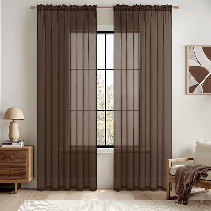 MIULEE Chocolate Brown Sheer Curtains 63 Inches Long 2 Panels, Light Filtering Voile Drapes with Rod Pocket for Bedroom and Living Room Windows