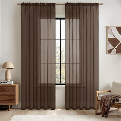 MIULEE Short Chocolate Brown Sheer Curtains 54 Inches Long, Light Filtering Voile Drapes with Rod Pocket for Bathroom Windows, Small Window Treatments, 2 Panels Set