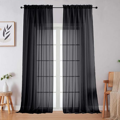 Black Sheer Curtains for Bedroom Living Room 96 Inches Long 2 Panels, Modern Airy Soft Lightweight Rod Pocket Light Filtering Sheer Curtains Drapes, Black, Each 59" Wx96 L Inch