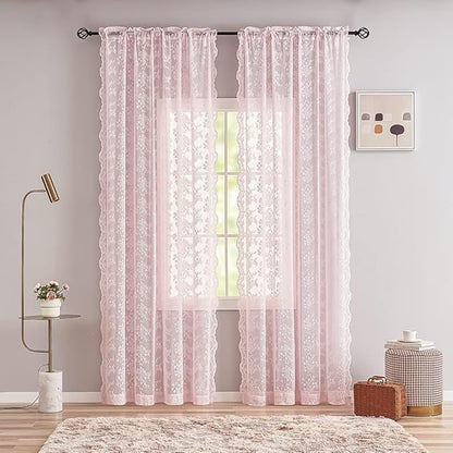 YJ YANJUN Vintage Lace Curtains Pink Boho Floral 80 Inch Curtains for Girls Room Princess Closet Curtain for Open Closet Pink Sheer Sliding Closet Door Drapes 2 Panels Set Light Pink 52W x 80L