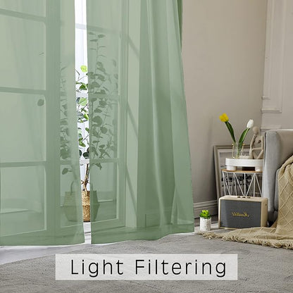 OWENIE Sage Sheer Kitchen Valance for Windows Set of 2, Short Modern Rod Pocket Voile Valance Curtain Window Treatment Decor for Living Room Bathroom Cafe Laundry Basement, 42" W x 14" L