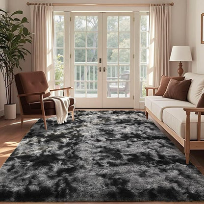 5x7 Ft Large Shag Rugs for Bedroom Living Room Decor for Men Boys, Tie Dyed Ultra Soft Fluffy Furry Area Rug for Indoor Floor, Aesthetic Carpet for Home Decor (Dark Grey)