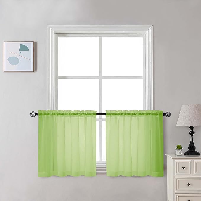Chyhomenyc Sheer Lime Tier Curtains 24 Inch Length Set, Small Window Kitchen Curtains for Bathroom Living Room Basement, Farmhouse Short Voile Curtain 42Wx24L, Rod Pocket, 2 PCS