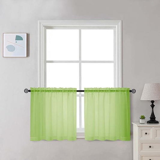 Chyhomenyc Sheer Lime Tier Curtains 24 Inch Length Set, Small Window Kitchen Curtains for Bathroom Living Room Basement, Farmhouse Short Voile Curtain 42Wx24L, Rod Pocket, 2 PCS