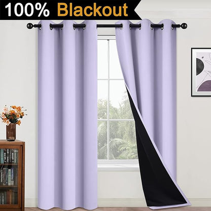 Yakamok 84 Inch Length 100% Blackout Curtains for Bedroom, 2 Thick Layers Thermal Insulated Grommet Total Blackout Drapes with Black Liner for Living Room (42Wx84L,Lilac, 2 Panels)