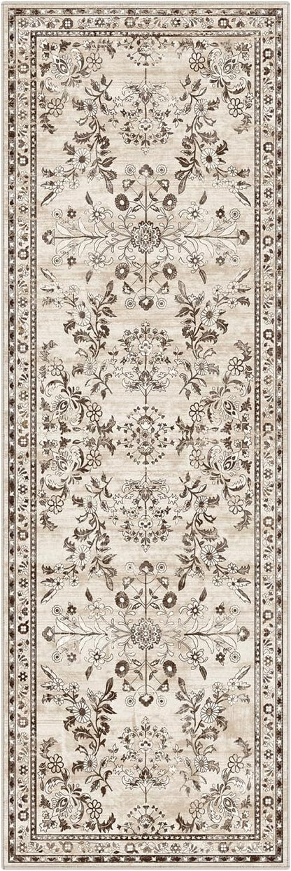 Yamaziot Washable Runner Rug 2x6 – Non Slip Boho Floral Hallway Runner Rug with Rubber Backing, Low Pile Faux Wool Distressed Carpet for Kitchen, Laundry, Bedroom, Entrance, Brown
