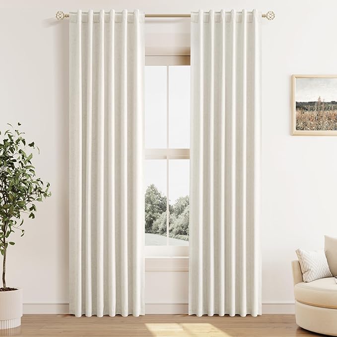 Guken Cream 100% Blackout Cream Linen Curtains 52 Inch Wide by 82 Inch 2 Panels Set for Living Room Bedroom Back Tab/Rod Pocket Thermal Insulated Black Out Drapes Room Darkening Window Curtains