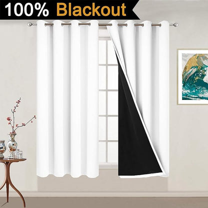 Yakamok Pure White 100% Blackout Curtains Energy Saving Thermal Insulated 2 Thick Layers Completely Blackout Drapes with Black Liner for Bedroom (52Wx54L, Pure White, 2 Panels)