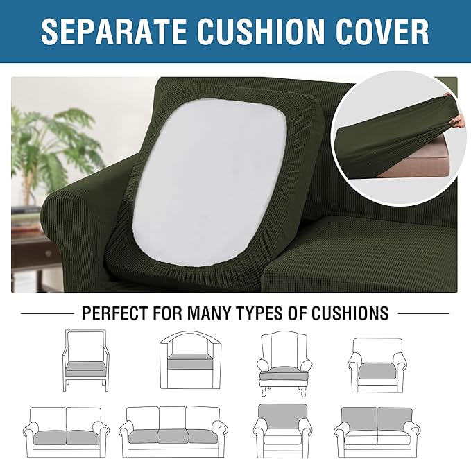 H.VERSAILTEX 4 Piece Stretch Sofa Covers for 3 Cushion Couch Covers for Living Room Furniture (Base Cover Plus 3 Seat Cushion Covers) Upgraded Thicker Jacquard Fabric (Sofa, Olive)