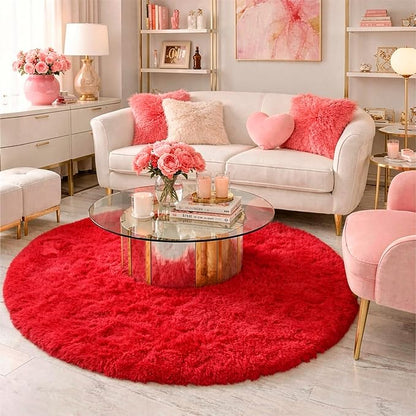 Red Round Circle Rug 6Ft for Bedroom, Large Fluffy Shag Area Rugs for Kids Room Decor Aesthetic, Fuzzy Plush Fur Carpets for Living Room Nursery Classroom, Red Carpet, Furry Indoor Rugs for Teen Boys