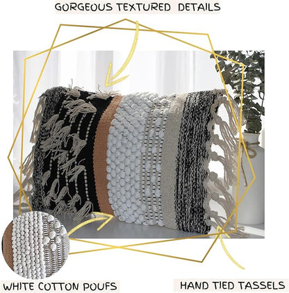 Decorative Boho-Chic Premium Pillow Cover 12x20 Handwoven Tufted Cotton Lumbar Accent Pillows, Neutral Earthly Color Throw Cushion, Farmhouse & Bohemian Home Decor (no Insert)