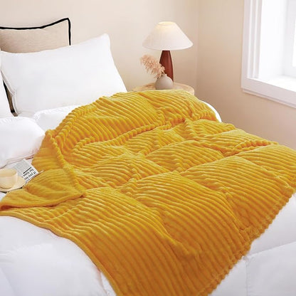 Mustard Yellow Fleece Throw Blanket 50”×60” for Couch Sofa Bed,Super Soft Cozy Plush Microfiber Flannel Blanket with Stripes Design Lightweight for Adults,Woman,Girls