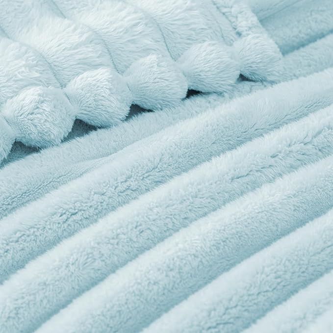 Exclusivo Mezcla Twin Size Flannel Fleece Blanket, Super Soft Striped Jacquard Bed Blanket, Lightweight Fuzzy Cozy for All Seasons, 60x80 Inches, Light Blue