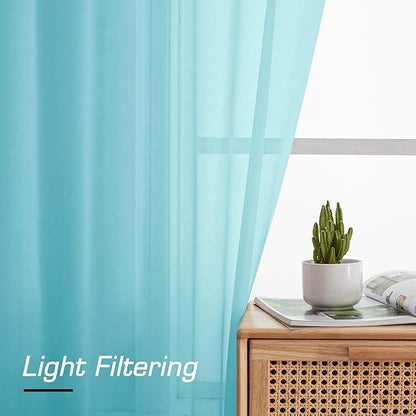 Simplebrand Aqua Sheer Curtains 96 Inches Long, Light Filtering Rod Pocket Solid Color Window Sheer Curtain Panels, Elegant Curtains & Drapes for Living Room, Bedroom 2 Panels (Aqua, 42" W x 96" L)