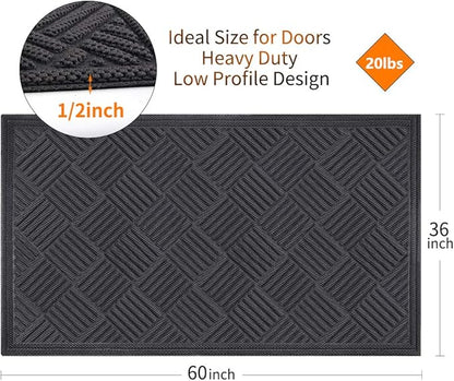 Mibao Front Door Mat, Dirt Trapper Welcome Mat for Outdoor Indoor, Non-Slip Waterproof Doormat, Durable Machine Washable Low Profile Entry Rug for Back Door Outside Patio, 61.5" x 36", Gray Grid