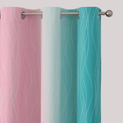 Estelar Textiler Teal and Pink Ombre Blackout Curtains for Bedroom, Full Room Darkening Grommet Curtains for Living Room, Thermal Insulated Light Blocking Gradient Drapes, 42Wx72L, 2 Panels