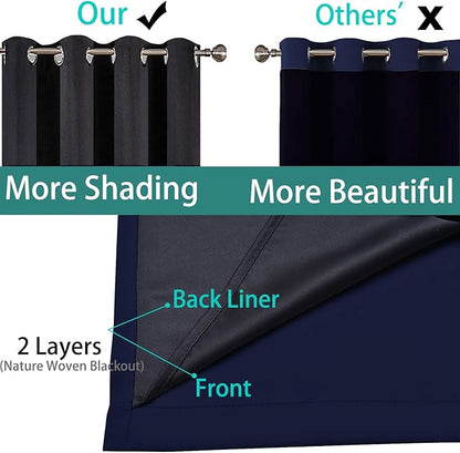 Yakamok 100% Blackout Curtains 45 Inches Long, 2 Thick Layers Total Blackout Drapes, Light Blocking Thermal Insulated Lined Blackout Curtains for Bedroom(Navy Blue, 52" Width Each Panel, 2 Panels)