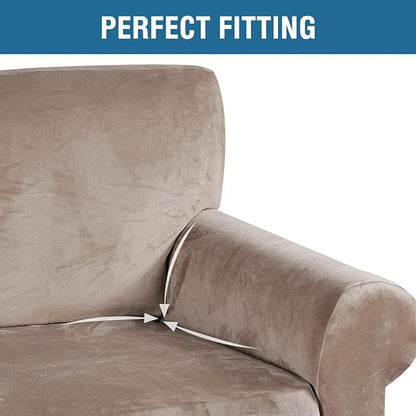 H.VERSAILTEX Stretch Velvet Sofa Covers for 3 Cushion Couch Covers Furniture Protector Soft with Non Slip Elastic Bottom, Crafted from Thick Comfy Rich Velour (Large Sofa 90"-97", Taupe)