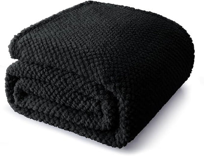 Whale Flotilla Queen Size Fuzzy Fleece Blanket for Bed, 90x90 Inch Fluffy Warm Soft Jacquard Blankets for All Season, Lightweight and Cozy, Black