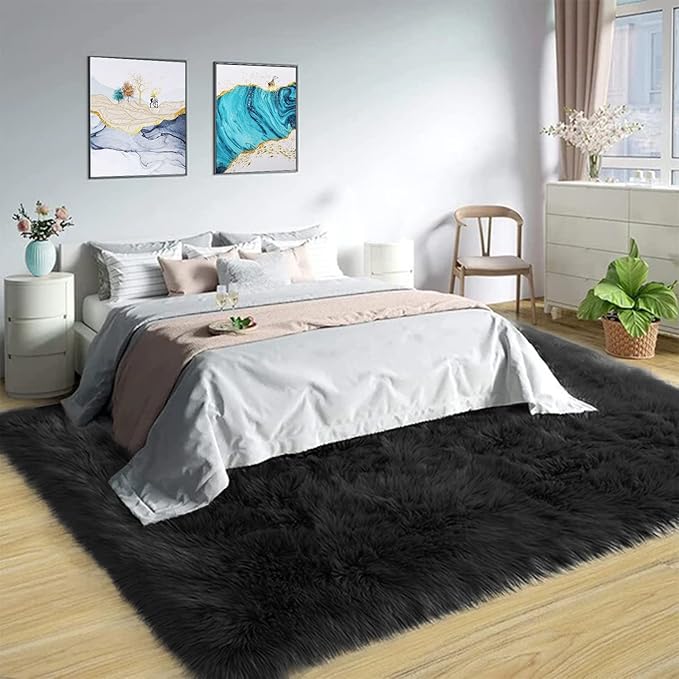 Latepis 9 x 12 Area Rug for Living Room Black Fur Faux Sheepskin Fluffy Rug for Bedroom Big Shag Carpet for Living Room Shaggy Rugs Rectangle