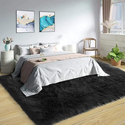 Latepis 9 x 12 Area Rug for Living Room Black Fur Faux Sheepskin Fluffy Rug for Bedroom Big Shag Carpet for Living Room Shaggy Rugs Rectangle