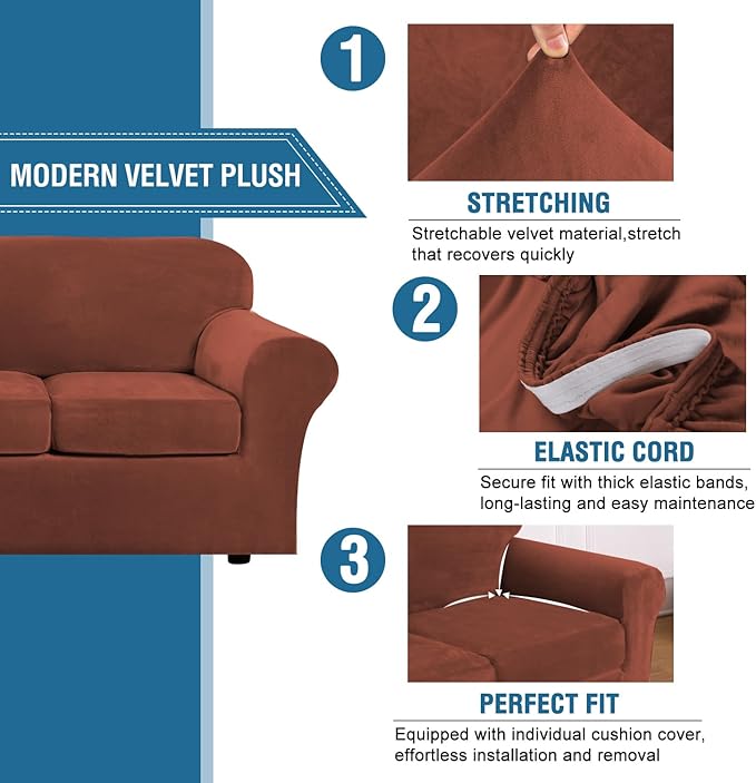 H.VERSAILTEX Real Velvet Plush 3 Piece Stretch Sofa Covers Couch Covers for 2 Cushion Couch Loveseat Covers (Base Cover Plus 2 Individual Cushion Covers) Thick Stay in Place (Medium Sofa, Rust)