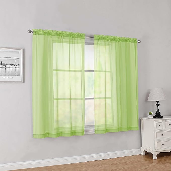 Simplebrand Lime Short Sheer Curtains 45 Inch Length for Small Windows, Rod Pocket 2 Panels Set Solid Voile Drapes Window Sheer Curtains for Bedroom Bathroom Kids Room Kitchen, 42x45 Inch, Lime