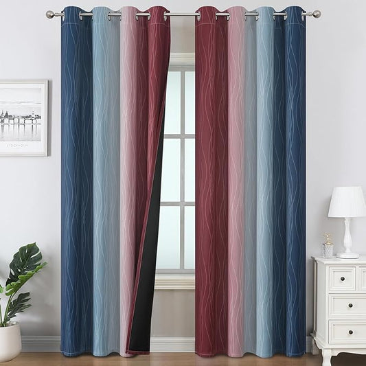 Estelar Textiler Navy Blue and Burgundy Red Ombre Blackout Curtains 90 Inch Length for Living Room, Room Darkening Grommet Gradient Thermal Insulated Drapes for Bedroom,52Wx90L Inches (2 Panels)