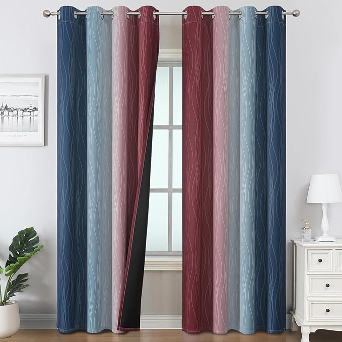 Estelar Textiler Burgundy Red and Navy Blue Ombre Blackout Curtains 84 Inches Long for Living Room, Energy Saving Thermal Insulated Room Darkening Grommet Window Drapes for Bedroom, 52Wx84L, 2 Panels