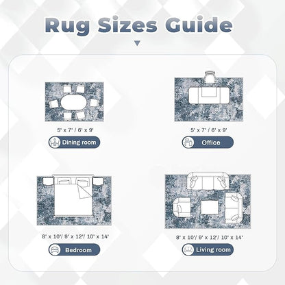 Area Rugs 6x9 for Living Room: Washable Rug Modern Abstract Neutral Soft Non-Slip Low-Pile Indoor Carpet for Bedroom Dining Room Playroom Home Office (Blue Grey, 6'x9')