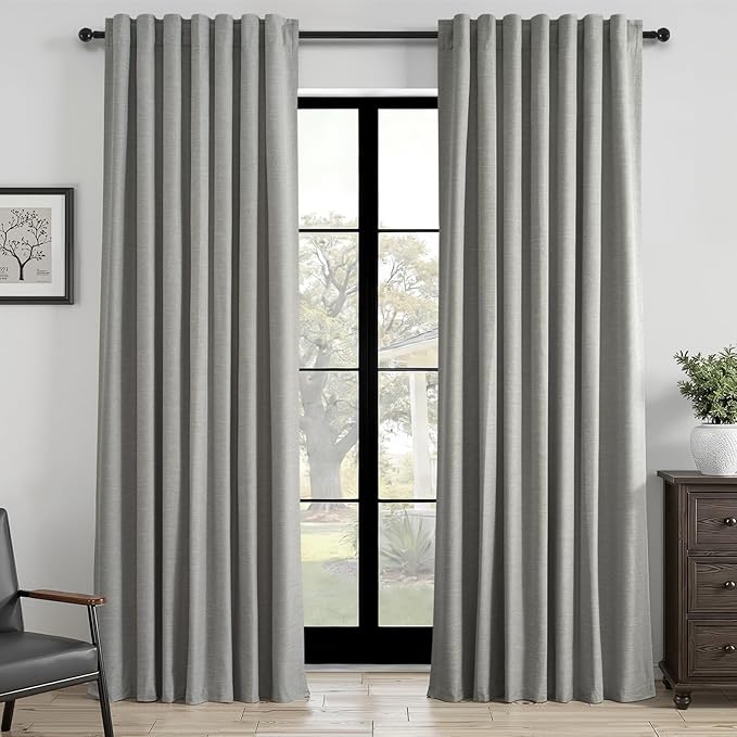 Topfinel Frost Grey Linen Curtains 84 Inches Long 2 Panels Set for Living Room Bedroom 100% Blackout Linen Texture Curtain Pinch Pleat Back Tab Farmhouse Neutral Dark Gray Window Curtain Drapes