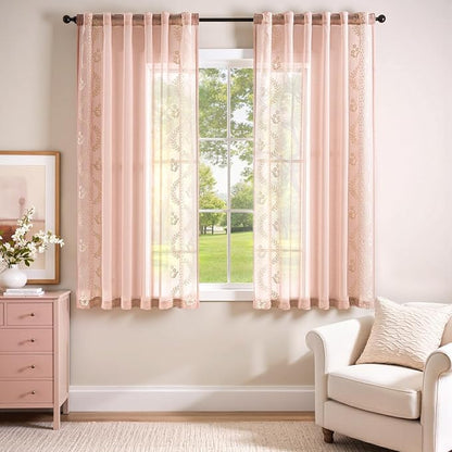 jinchan Belrose Pink Floral Sheer Curtains for Bedroom 63 Inch Long Voile Embroidered Farmhouse Curtains for Living Room Ivory Flower Patterned Rod Pocket Window Treatments, 2 Panels Pink