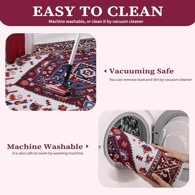 SERISSA 6x9 Area Rugs for Living Room, Large Washable Non-Slip Boho Rug, Ultra Soft Vintage Burgundy Navy Oriental Tribal Print Distressed Carpet for Dining Room Bedroom Dorm Office Home Decor