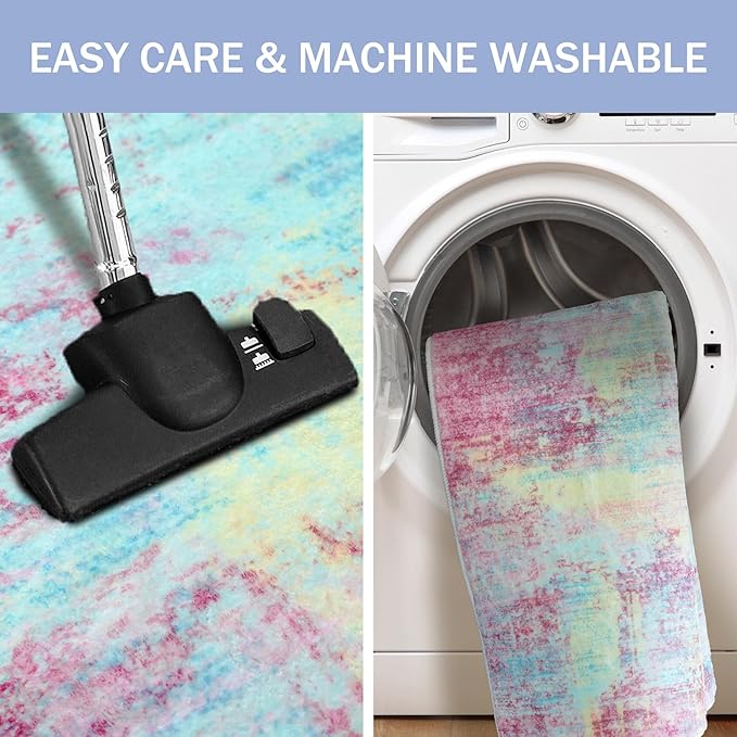 IOHOUZE Abstract Runner Rug 2x5 Ft Washable Runners for Hallways, Non Slip Kitchen Runner Printed Faux Wool Entryway Runner Indoor, Modern Abstract Floor Carpet for Hall Kitchen Bedroom, Pink Teal