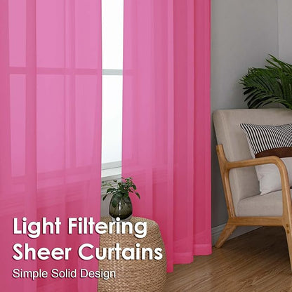 OVZME Sheer Curtains 63 inch Length 2 Panels Set for Bedroom Living Room, Elegant Light Filtering Sheer Curtains, Soft Airy Dual Rod Pocket Window Drapes, Each 42W x 63L Inches, Hot Pink