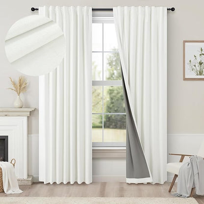 Black Out Curtains 72 Inch Long 2 Panel Burg Lightweight Faux Linen Cute Blackout Bay Window Curtain Modern Neutral Drapes for Bedroom Cabin Room Darkening Curtains 6FT Length Back Tab Ivory Off White